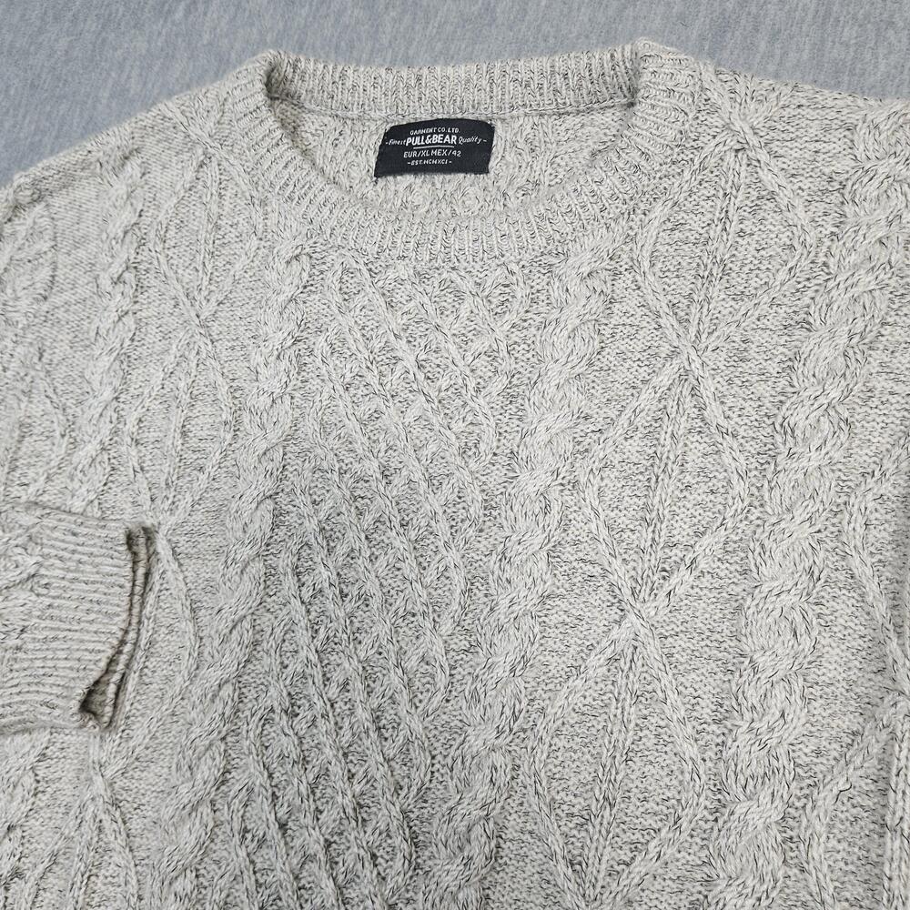 Pull & Bear Sweater Mens XL Gray Cable-Knit Pullover Heavyweight Knit Crew Neck